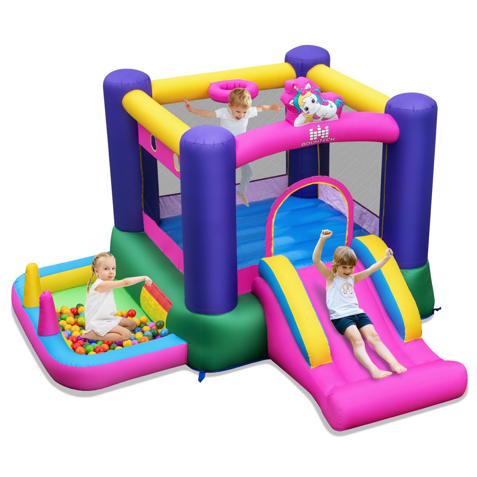 GYMAX Castello Gonfiabile da Interno/Esterno con Scivolo, Piscina di Palline, Canestro da Basket, Anelli e Palline, Centro Gioco per Bambini a Tema Unicorno, per Età 3-12 Anni