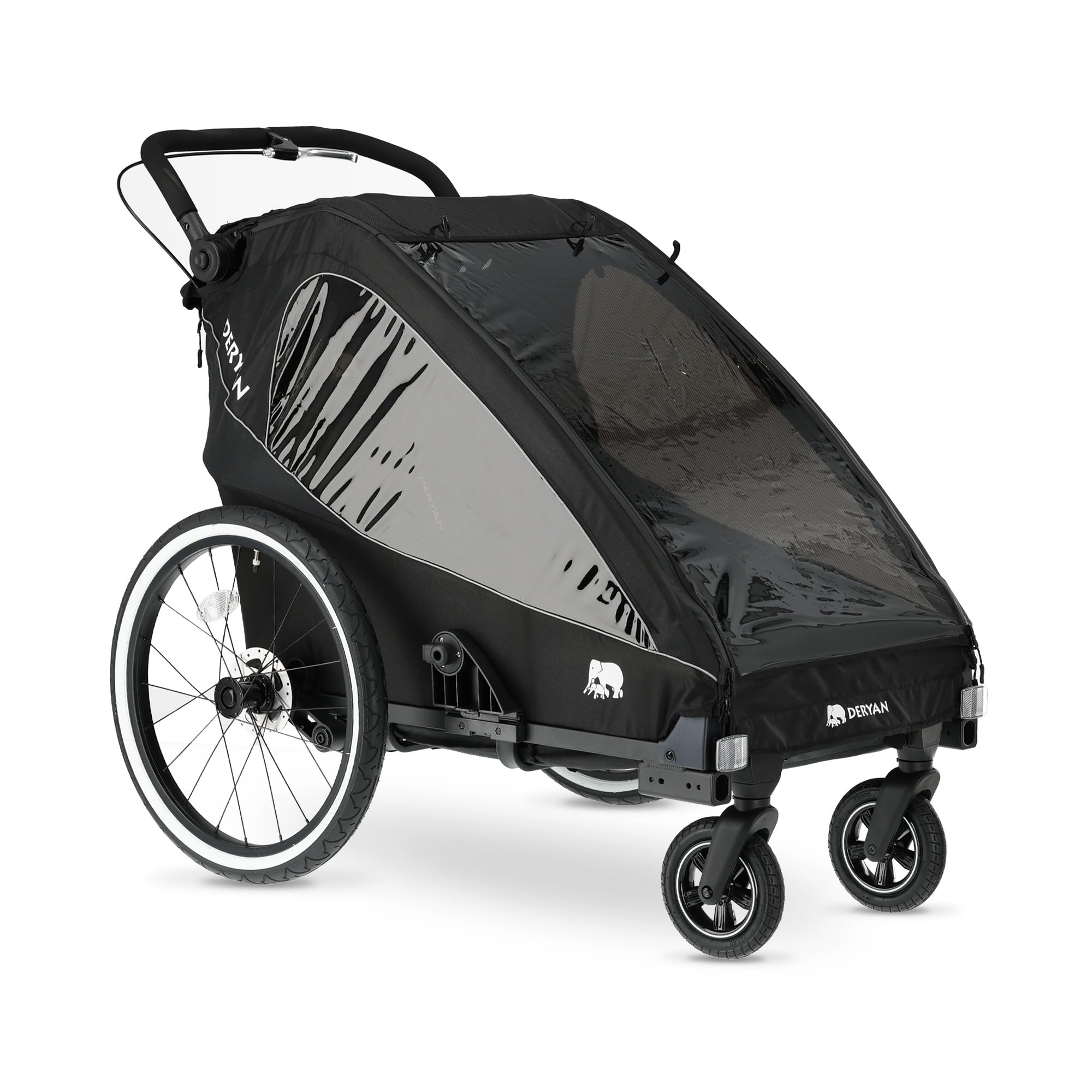 Deryan Luxus 3-in-1 Rimorchio per Bicicletta v2 per 2 Bambini – Rimorchio per Bicicletta, Passeggino & Jogger – Passeggino Multifunzionale con Cintura a 5 Punti – Nero
