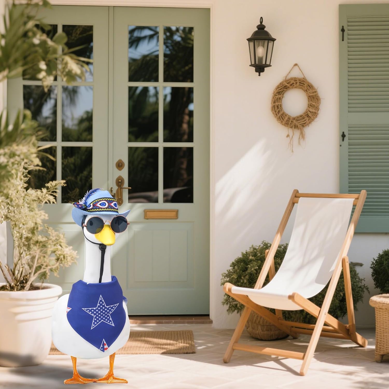 4th of July Goose Outfit Set, Patriotic Lawn Porch Goose Outfits, American Flag Porch Goose Clothes Decoration Set for 23"/17" Cement or Plastic Goose Statue Costume Cowboy Hat with Scarf
