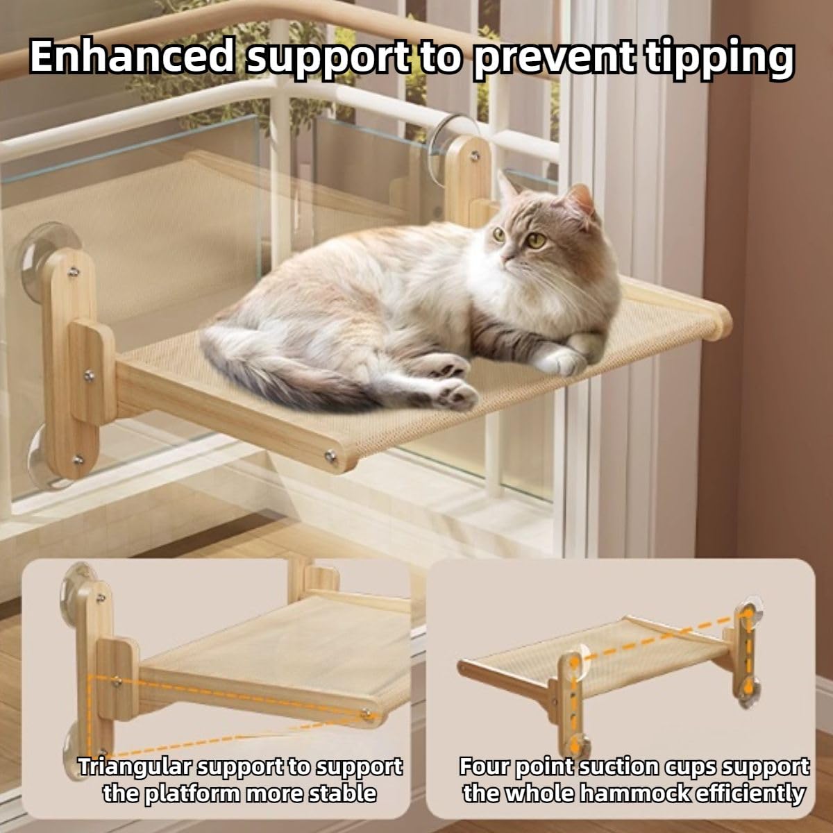 Amaca per finestra per gatti, per finestre, piastrelle in ceramica/vetro, con 4 forti ventose, robusta struttura in legno massiccio, lettino per gattini, per interni, adatta per animali