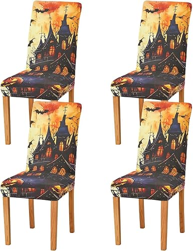 Juego de 4 fundas decorativas para sillas de comedor con diseño de murciélagos de calabaza de terror para ceremonia, funda de asiento extraíble para