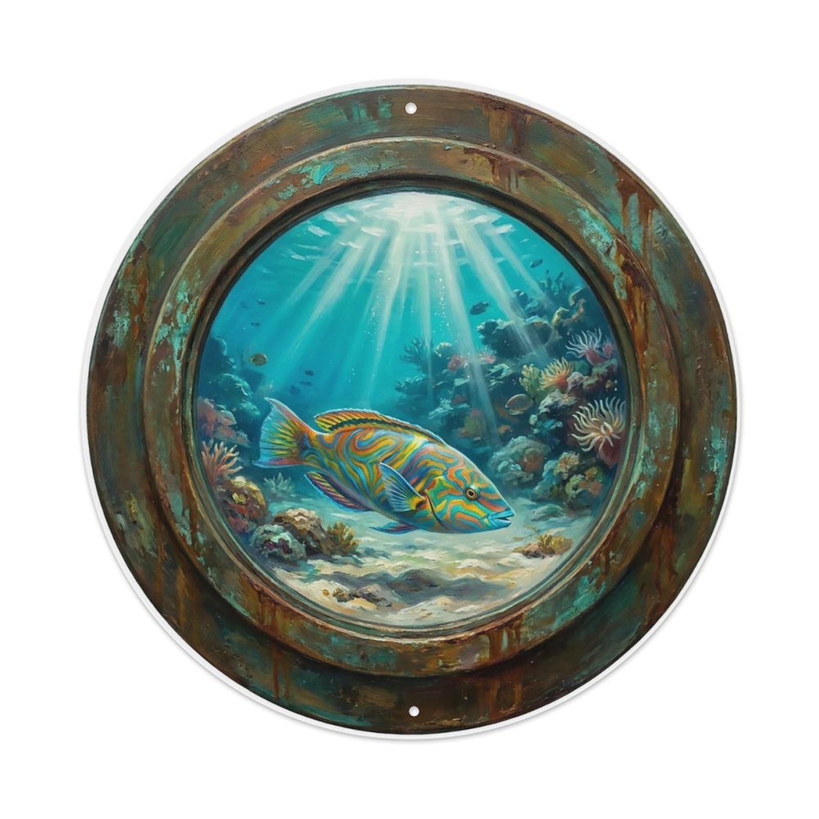 Vintage Porthole Wrasse Colorful Ship Window Undersea Deep Sea Metal Tin Sign