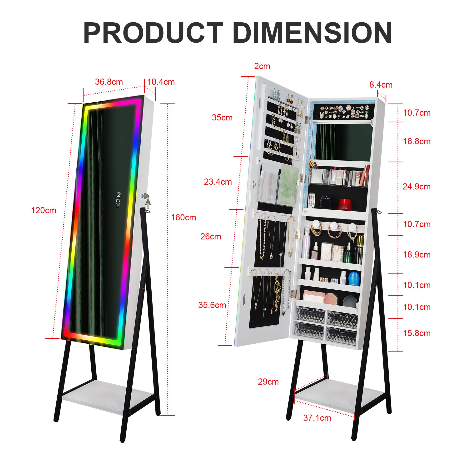 STARLEAD Armoire à Bijoux avec Miroir LED, Debout, Pleine Longueur avec Changement Couleur Lumière RGB, Dimmable, Verrouillable, Doublure Velours, Grand Espace Rangement
