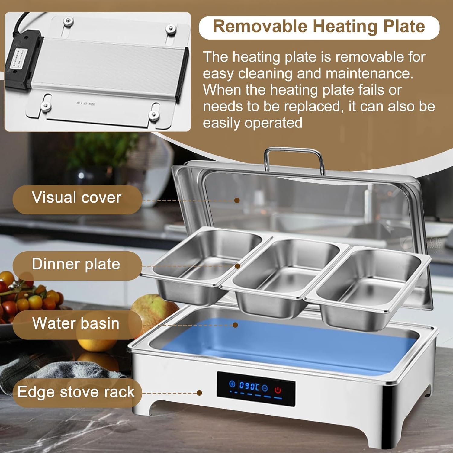 Calentador de Comida Buffet Eléctrico, 9L Acero Inoxidable (GN1/1) | Calienta Platos con Tapa de Vidrio y Control Táctil, Profesional Bandeja Calefactora para Fiestas, Hotel y Catering, 35-90°C