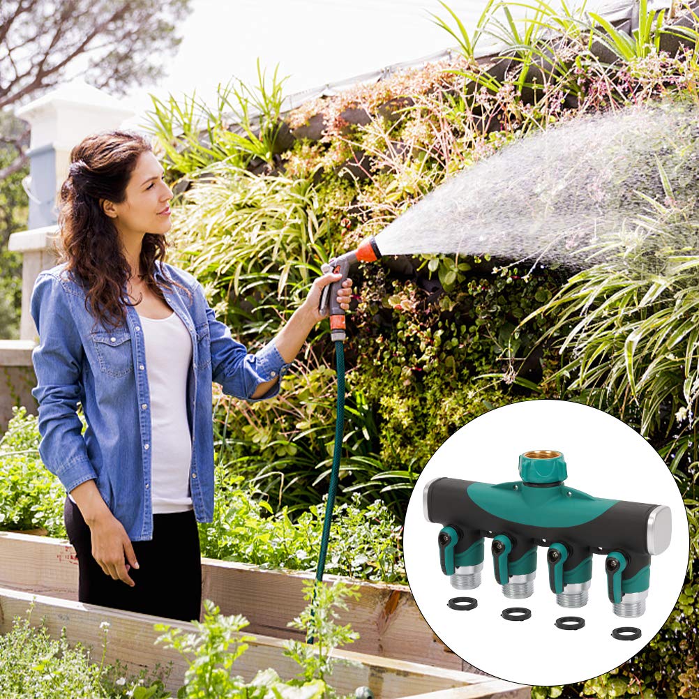 4 Ways Garden Hose Splitter, Heavy Duty Garden Hose Connector, Ball Valve Water Hose Splitter with Rubber Washers for Outdoor Faucet, Sprinkler, Drip Irrigation Systems & Lawns Product
