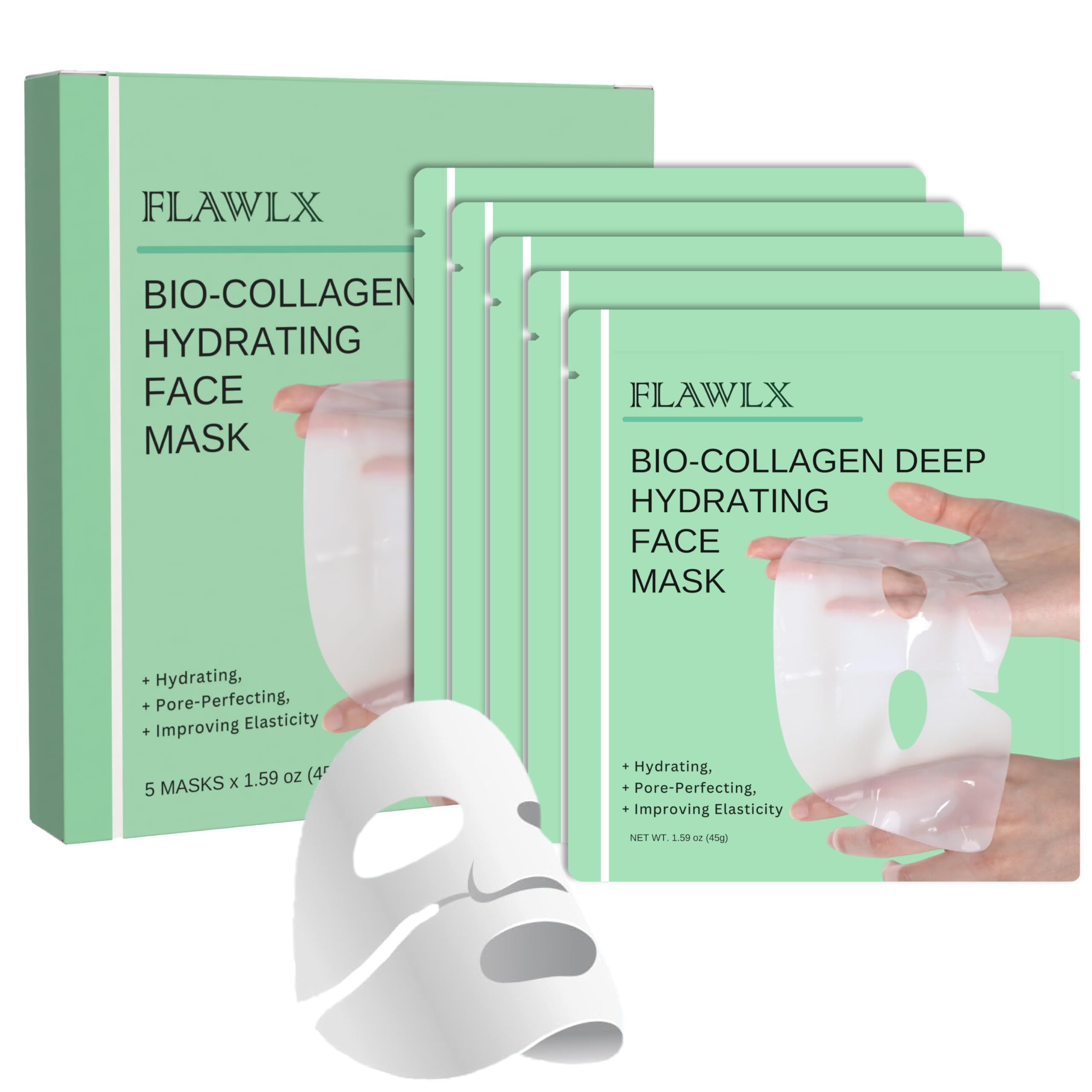 Flawlx Bio-Collagen Overnight Hydrogel Face Mask Hydrating Korean Skincare Pore Minimizing 45g 5-Pack
