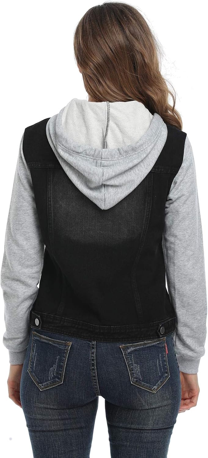 MISS MOLY Women's Hooded Jean Jacket Drawstring Layered Washed Long Sleeve Sweatshirt Hoodie Denim Jacket w 2 Pockets - Image 3