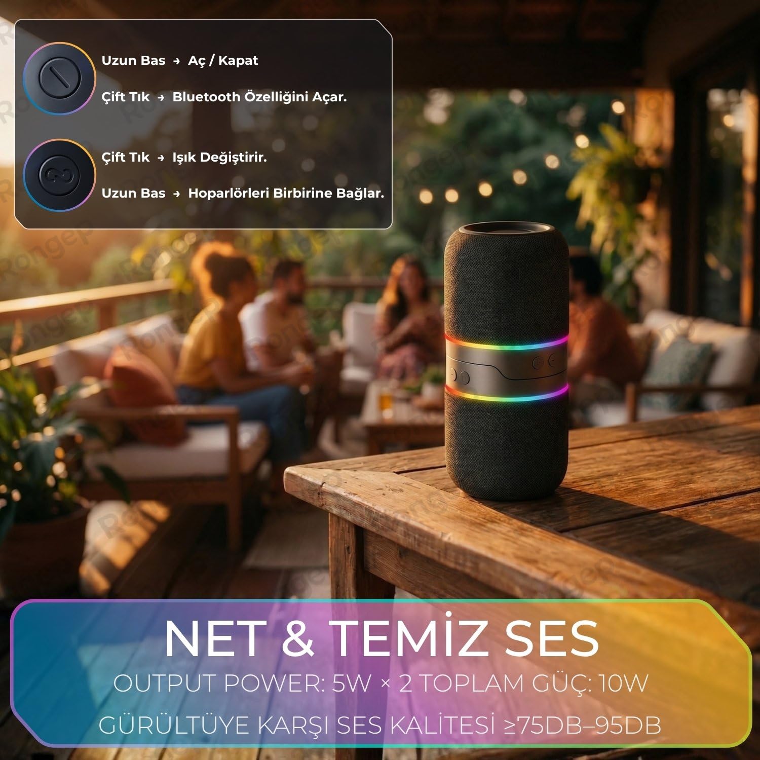 Rongep Taşınabilir Bluetooth Hoparlör Sound-Twin 10W TWS Stereo [Manyetik Özellikli] İki Parçaya Ayrılabilen RGB Işıklı IPX6 Suya Dayanıklı Type-C Şarjlı Kablosuz Speaker (Siyah)