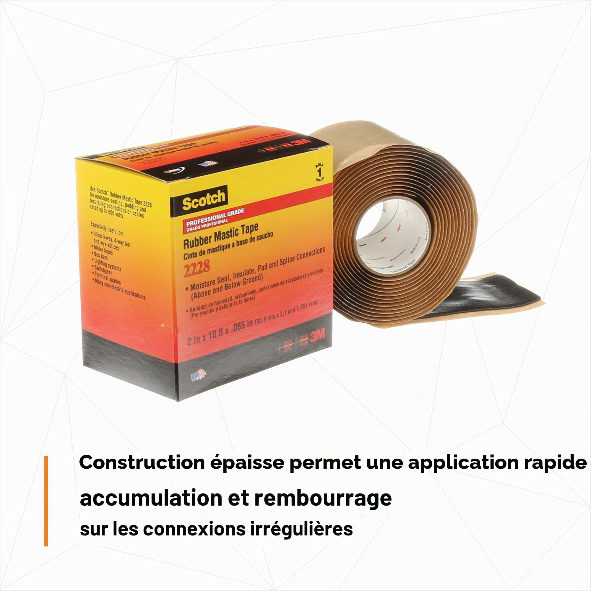 3M Scotch Rubber Mastic Ruban adhésif électrique 2228, 5,1 cm x 3 m, noir, auto-fusionnant, pour isolation et étanchéité, 1 rouleau