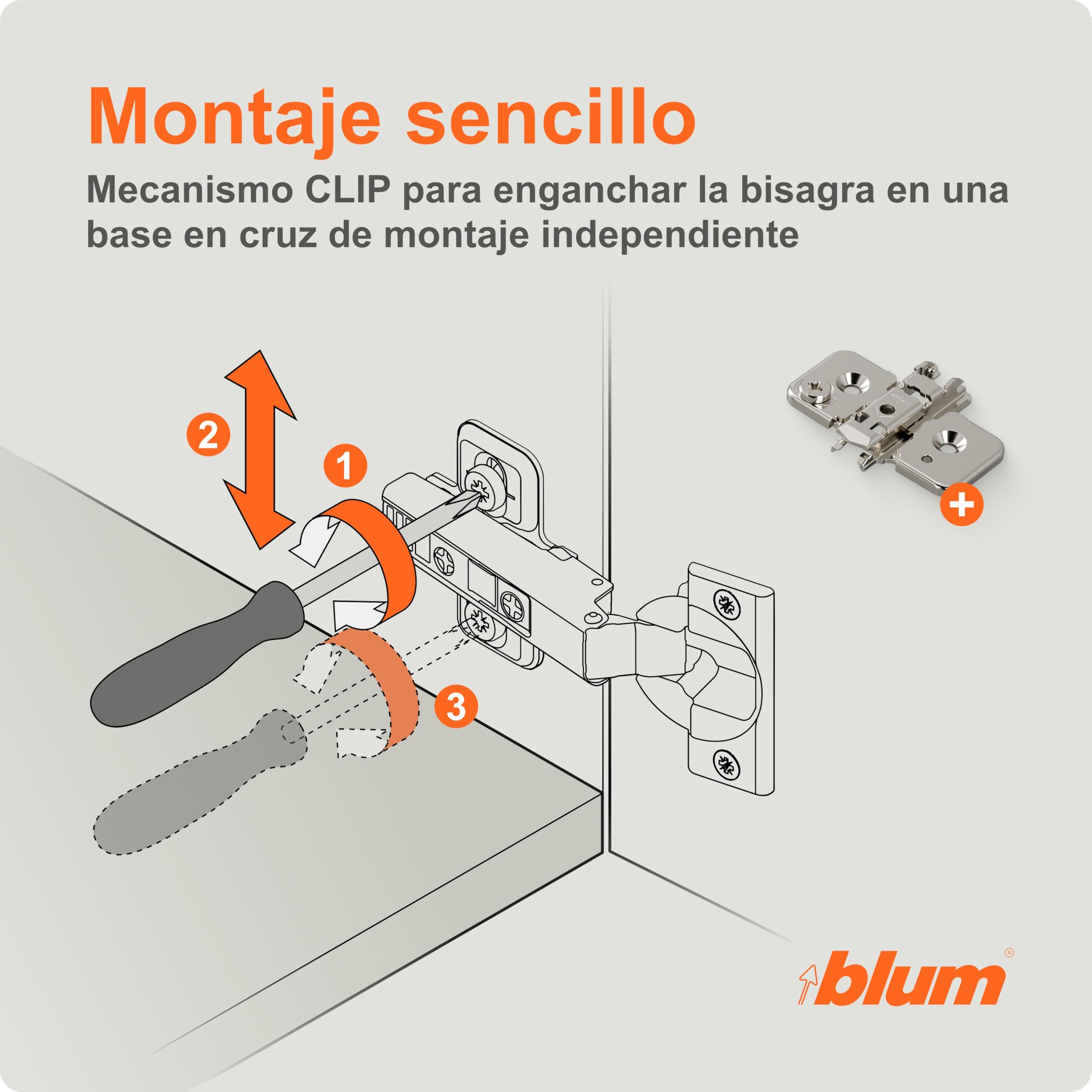 BLUM CLIP TOP BLUMOTION - Bisagra para muebles (2 unidades, 110°, recta, con muelle, tornillos, tope de esquina + placa de montaje en cruz excéntrica, acero, tornillos, distancia de 0 mm)