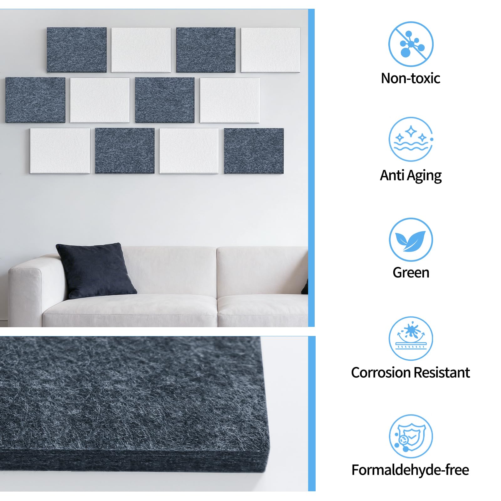 BXI Assorbitore acustico, 80 x 60 x 9,5 cm, confezione da 6 pannelli fonoassorbenti ad alta densità, pannelli fonoassorbenti riducono il riverbero dell'eco, pannelli acustici attaccabili per