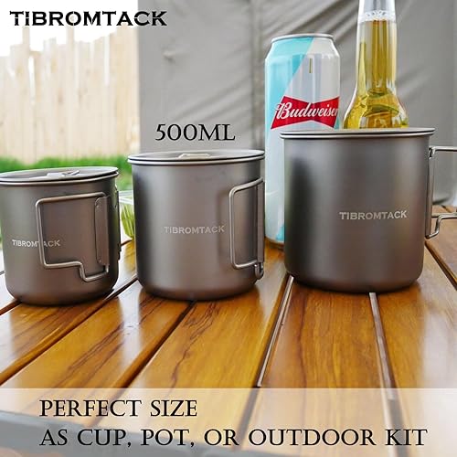 Miniatura 6 de TIBROMTACK Taza de titanio para acampar y viajar, 16.9 fl oz, taza de mochilero ultraligera con asas plegables y tapa al aire libre taza..