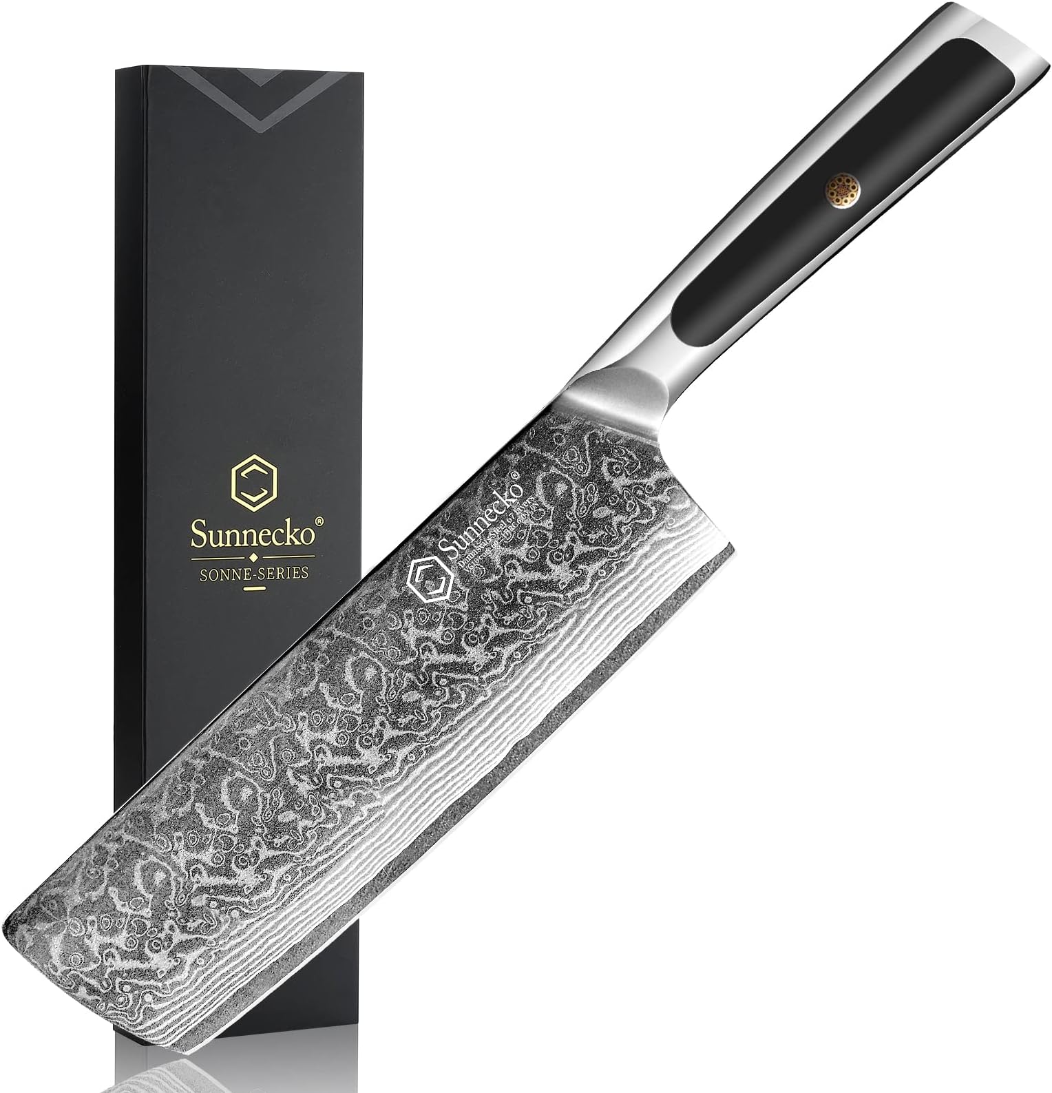 Sunnecko Damascus Nakiri Knife 7” – 15° Precision Edge VG10 Core Vegetable & Meat Cleaver Kitchen Knife 67 Layer Damascus Steel – Full Tang Chef Knife for Meat, Vegetables & Fruit, Premium Gift Box