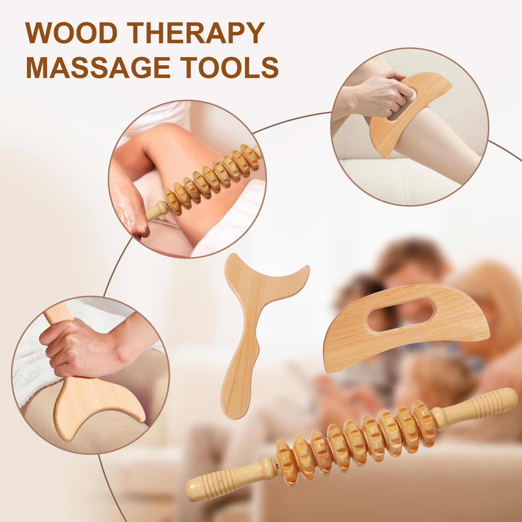 SAMEBUTECO Manuelle Faszien-Massagerolle aus Holz, Lymphdrainage-Massagegerät und Gua-Sha-Werkzeug-Set für Körperentlastung, Cellulite, Anti-Cellulite und Linderung von Muskelermüdung, 3 Packungen
