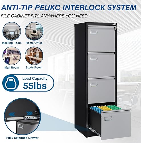 Miniatura 6 de Archivador de 4 cajones, archivadores verticales con cerradura, archivadores de metal para oficina en casa, 4 cajones de almacenamiento antipunta