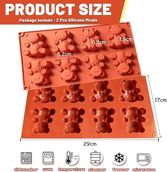 8 Cavities Bear Shape Silicone Mould, Baking DIY Tools Cake Mold, Set of 2 Pieces Non Stick Molds for Muffin Chocolates Jelly Candy Cookie Soap, etc