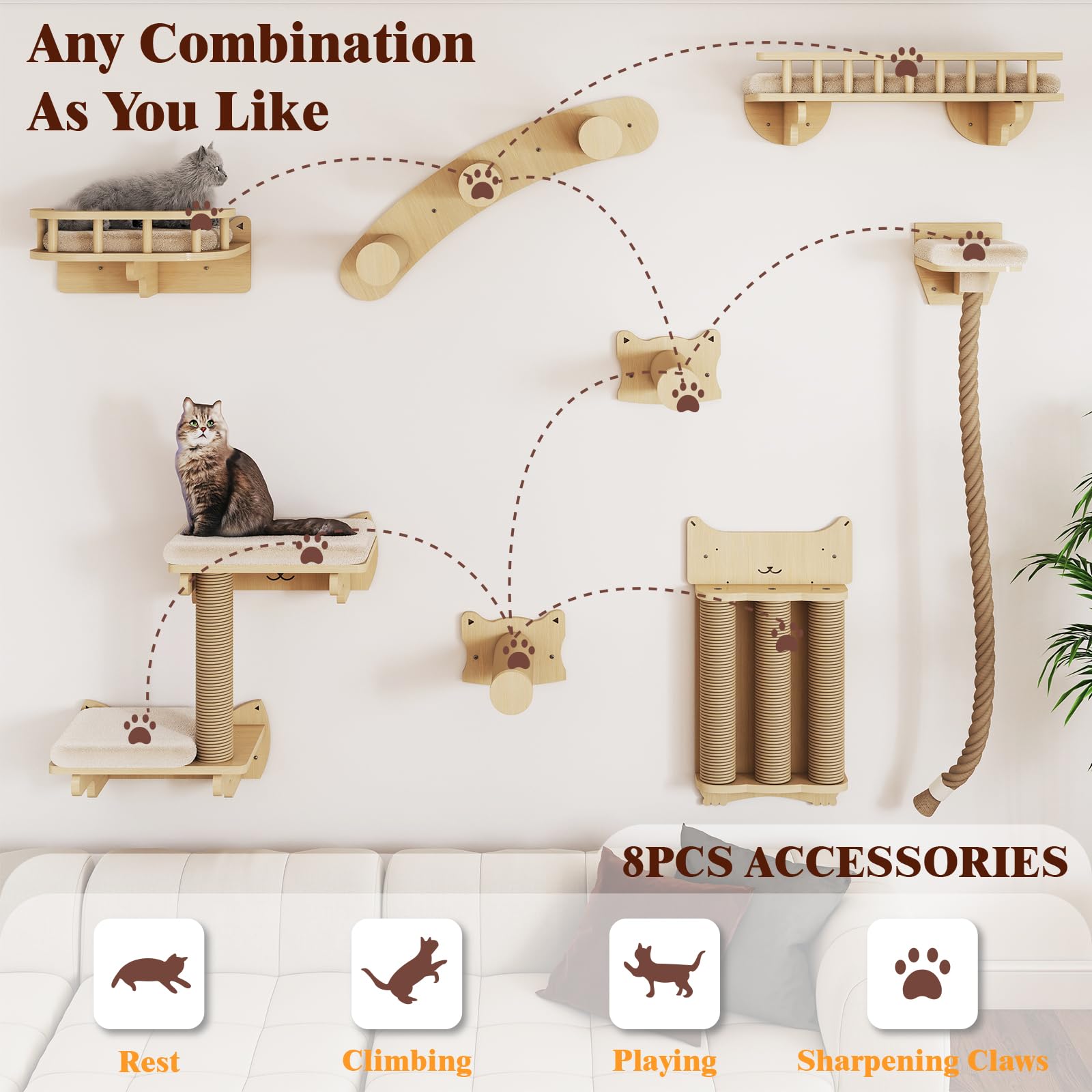 BYBYME Ensemble Mural d'escalade pour Chat en Bois Naturel, 8 pièces Robustes avec griffoirs, Plate-Forme pour Chaton, Corde en sisal de 100 cm et lit pour Dormir, Jouer et se détendre (Bois Naturel