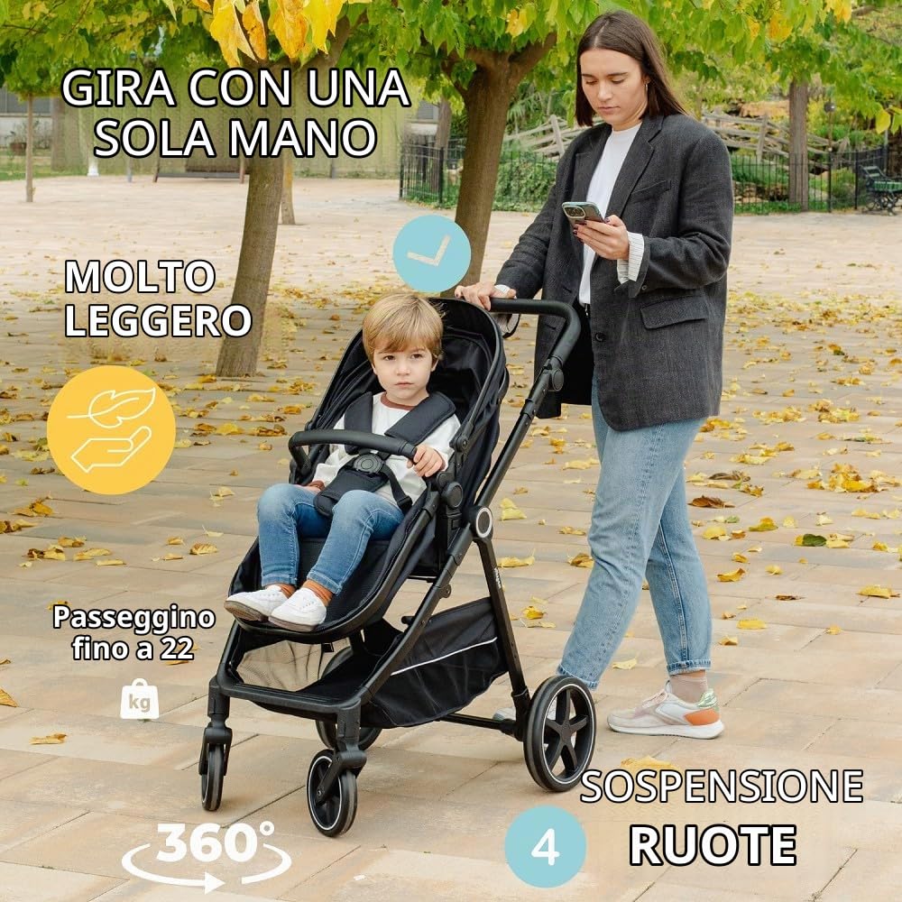 Interbaby Passeggino 2 in 1 Navicella + Seduta Reversibile 22 kg (Nero) | Passeggino combinato 2 in 1 dalla nascita, navicella extra grande + seduta reversibile, sospensioni 4 ruote, chiusura rapida