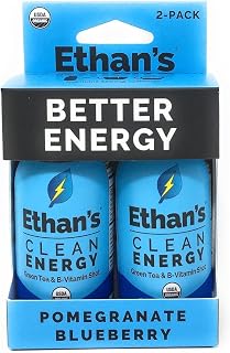 Ethan's Organic Clean Energy Shots Pomegranate Blueberry, Sugar Free Natural Pre-Workout Focus Boost, Gluten Free, Vegan, B6 & B12 Vitamin C with Green Tea Extract and Guayusa (2 Pack of 2oz Shots)