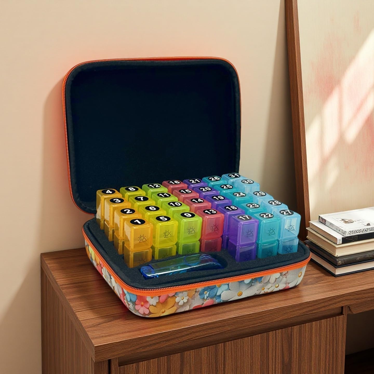 31-Day Monthly Pill Organizer with 3 Daily Compartments, Travel Medication Box with Pill Cutter, AM PM Storage Case (Flower Cluster 31-Day Drug Storage Box)