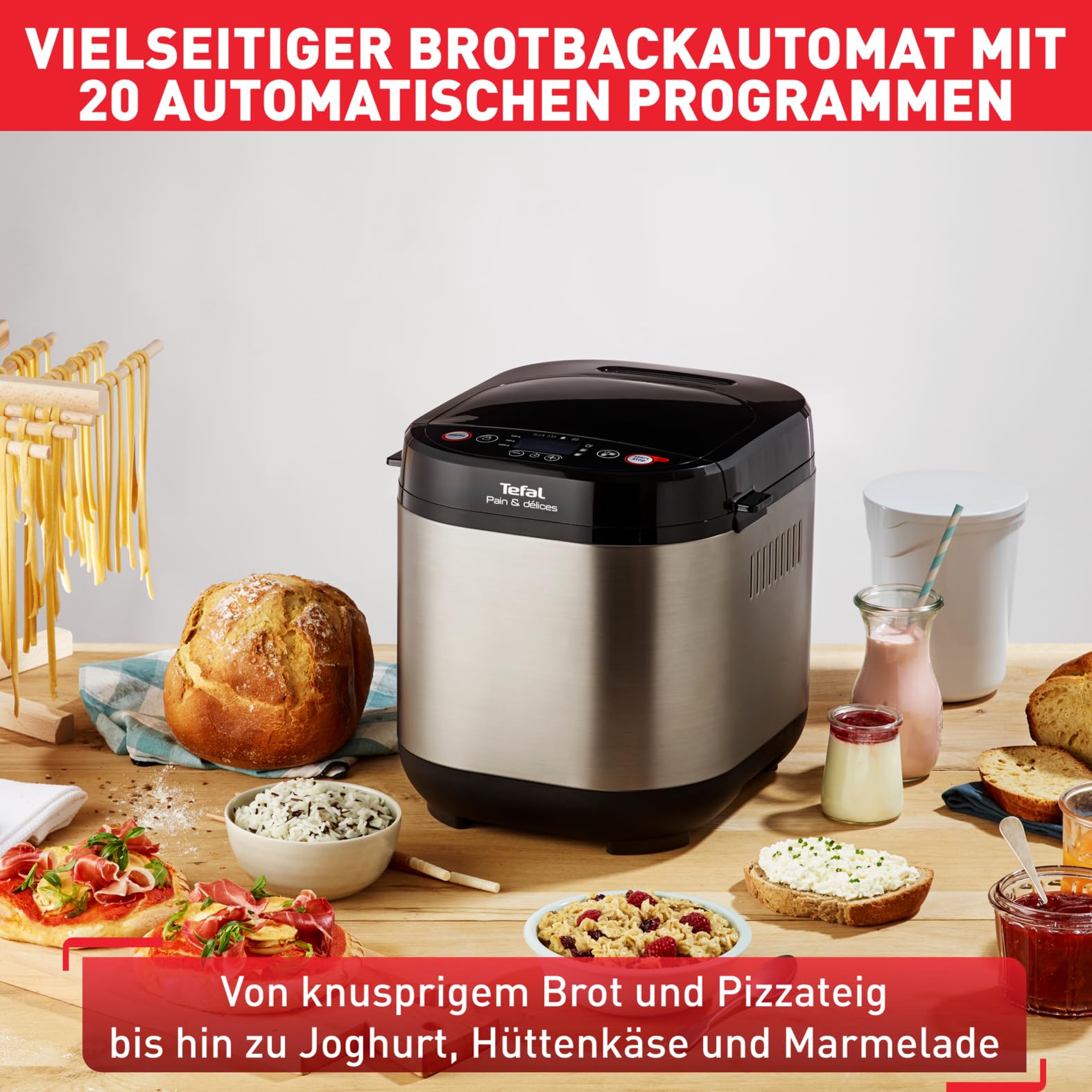 Tefal Brotbackautomat Pain & Délices, 20 Backprogramme, 3 Brotgrößen und Bräunungsstufen einstellbar, auch für Kuchen - Pizza - Nudelteig, Backform antihaftbeschichtet, schwarz/Edelstahl, PF240E