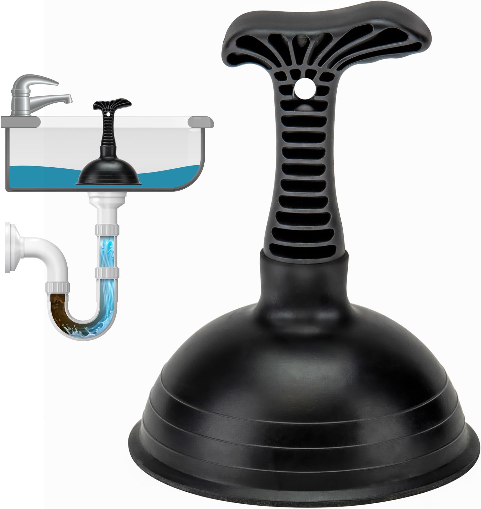 SteadMax XTS-55-PRO Sink Plunger, Commercial Grade, Powerful 5" Large Rubber Cup for Clogged Kitchen, Sink, Shower, and Bathroom Drains (1 Pack)