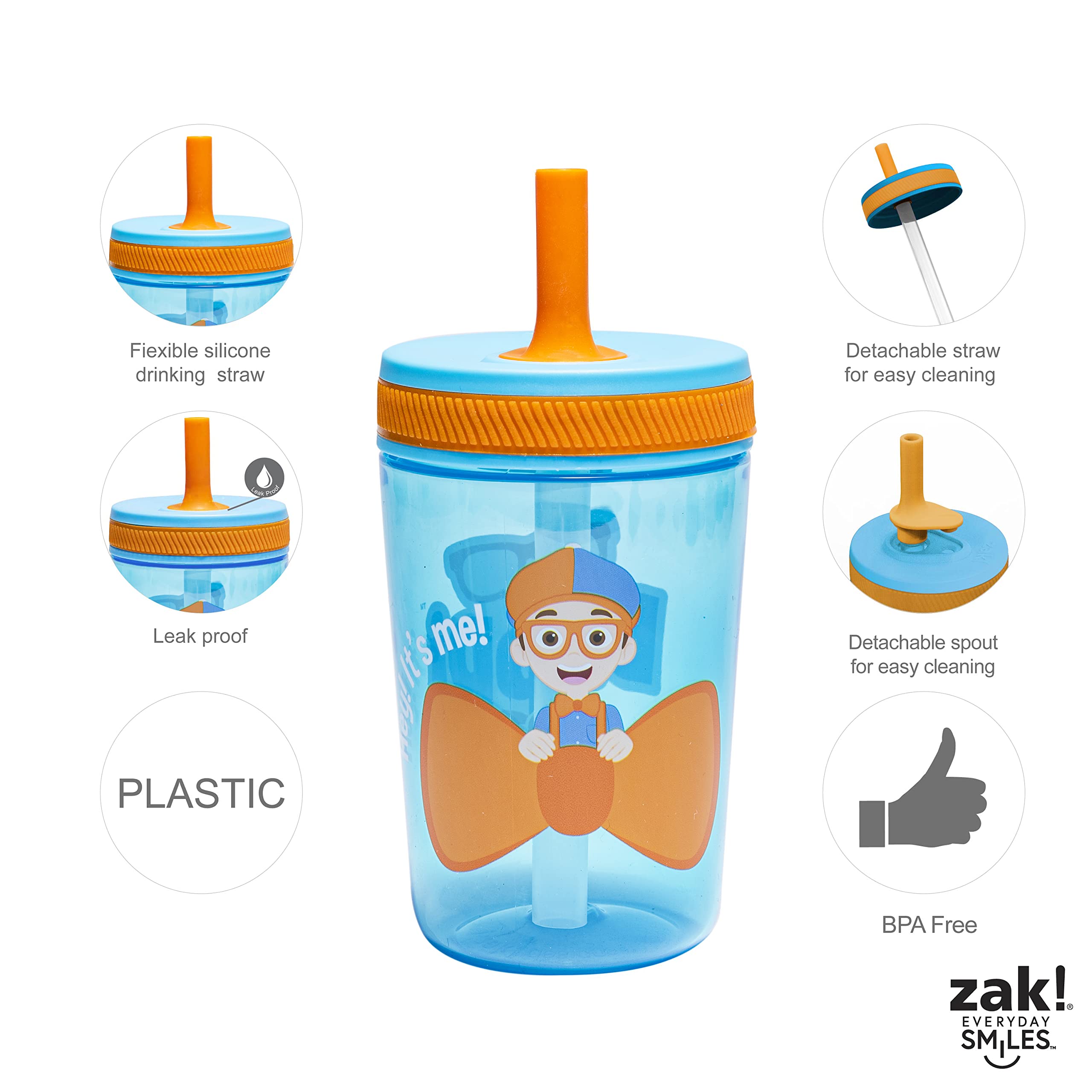 Zak Designs Blippi Kelso Tumbler Set, Leak-Proof Screw-On Lid with Straw, Bundle for Kids Includes Plastic and Stainless Steel Cups with Bonus Sipper, 3pc Set, Non-BPA,15 fl oz