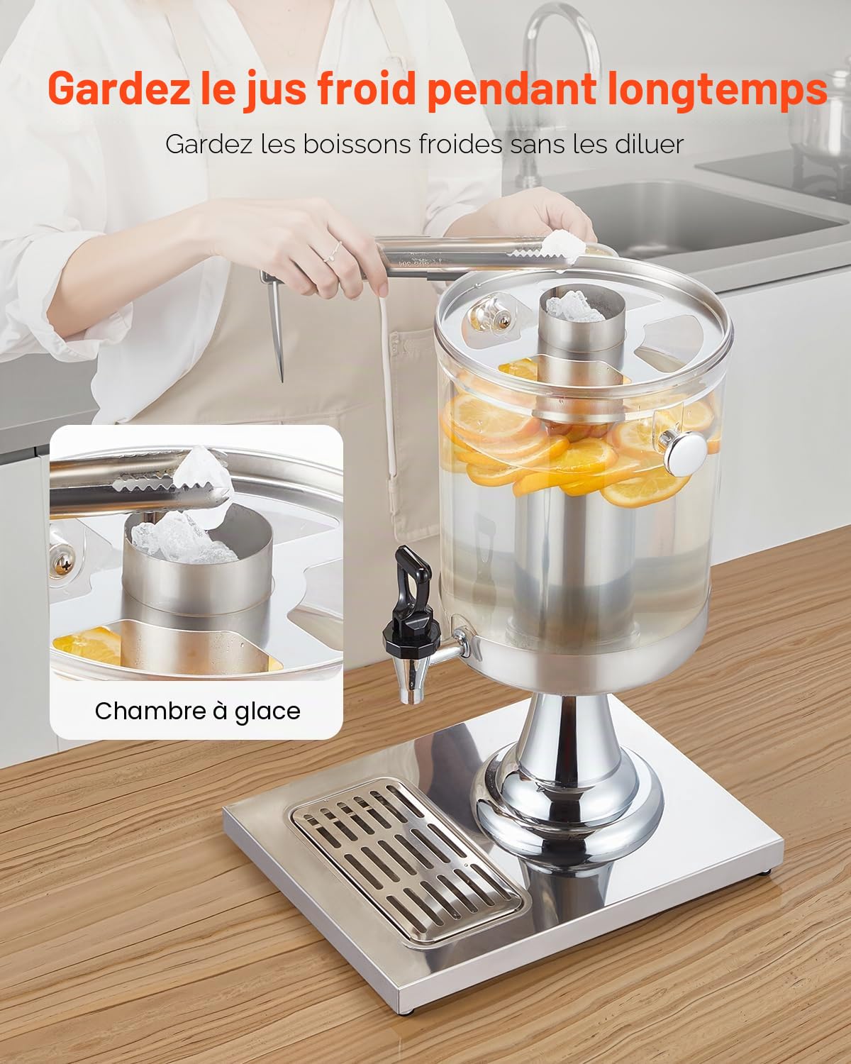 VEVOR Distributeur de Boissons Capacité 8 L, Fontaine à Eau en Acier Inoxydable et Plastique, avec Robinet, Compartiment à Glace et Plateau, Distribution de Jus Limonade Thé Glacé, Restaurant Café