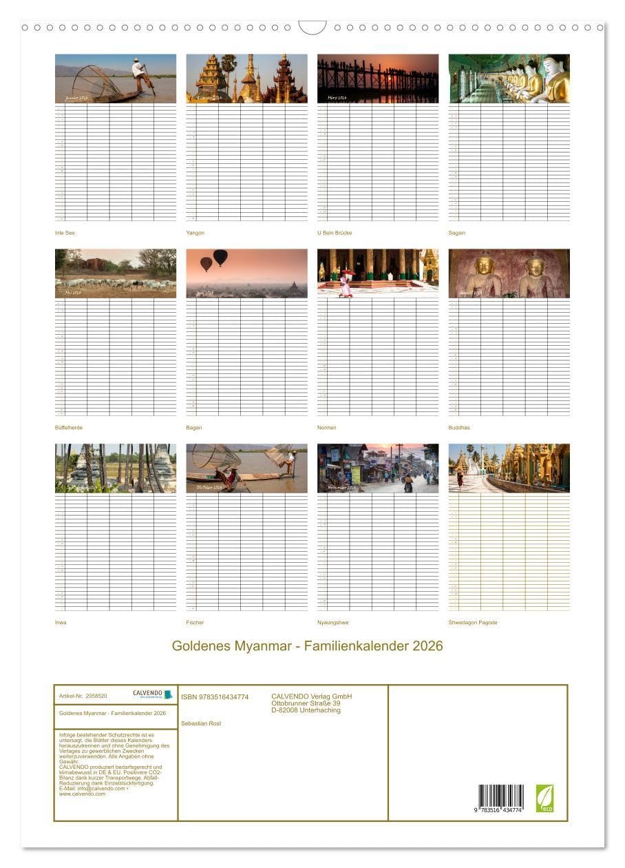 Goldenes Myanmar - Familienkalender 2026 (Wandkalender 2026 DIN A2 hoch), CALVENDO Monatskalender: Myanmar - das Land der Pagoden, Klöster, Mönche und ... 5 Spalten für Ihre Einträge. (CALVENDO Orte)