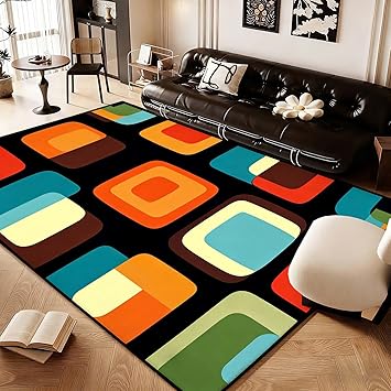 Mid Century Modern Rug, Colorful Abstract Geometric Area Rug, Retro Atomic Starburst Rugs, Washable Non-Slip Soft Low Pile 1950s Carpet for Living Room, Bedroom 4 x 6Rectangular