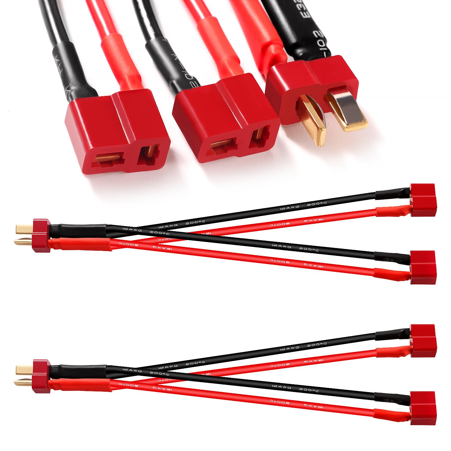 YIXISI 2 PCS T Plug Parallel Battery Connector Cable, Deans T 15cm 16AWG Silicone Cable, 1-Male to 2-Female, RC Models, Toys, Vehicles, Aerial Multicopter Helicopter Aircraft — image 1