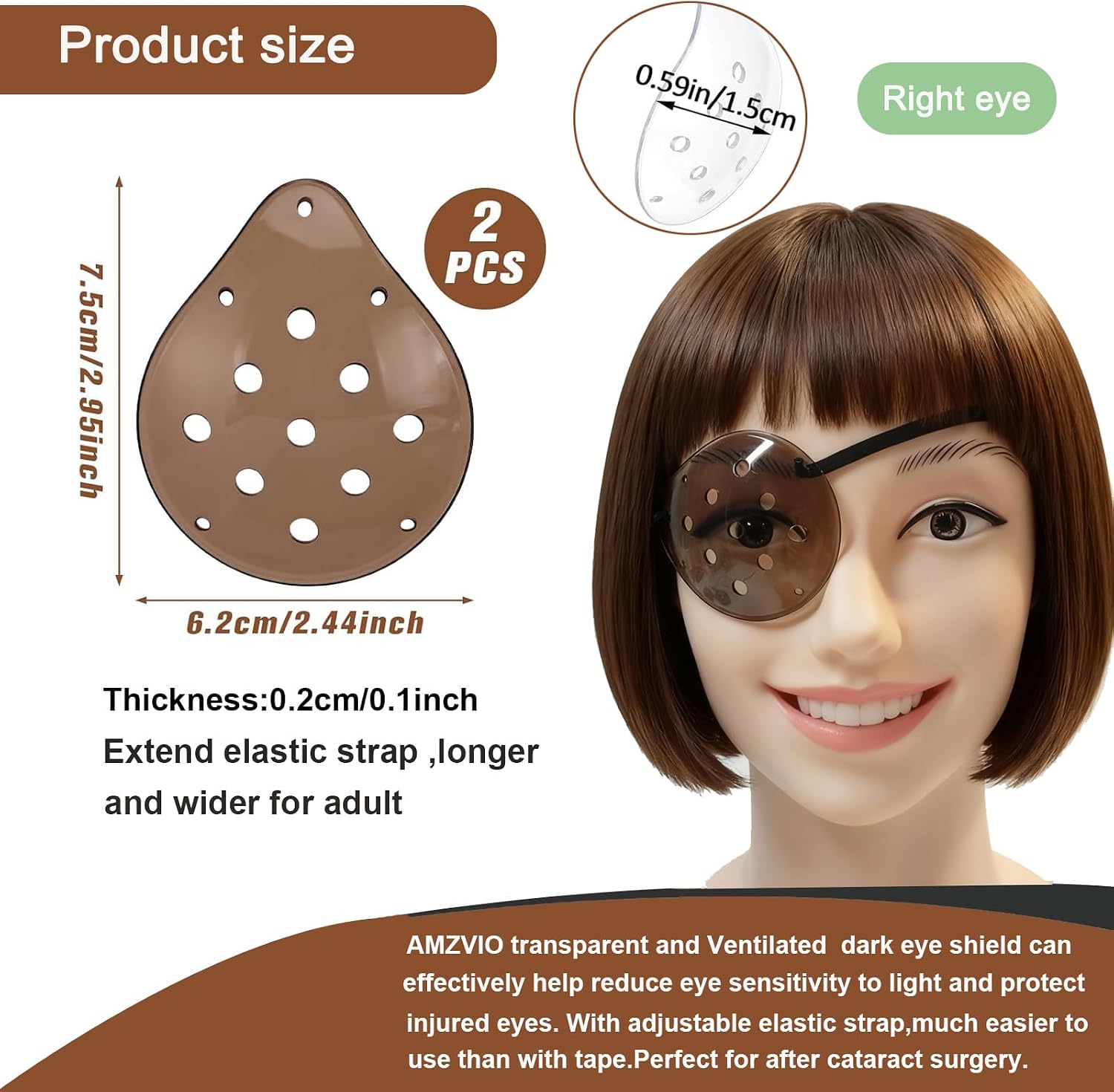 2Pcs Eye Shield After Cataract Surgery-1 Breathable Plastic Eye Patch & 1 Dark Clear Cover-for Sleeping After Post Surgery,Block Out Some Sunlight,Less Sensitivity,with Adjustable Strap (Right Eye)