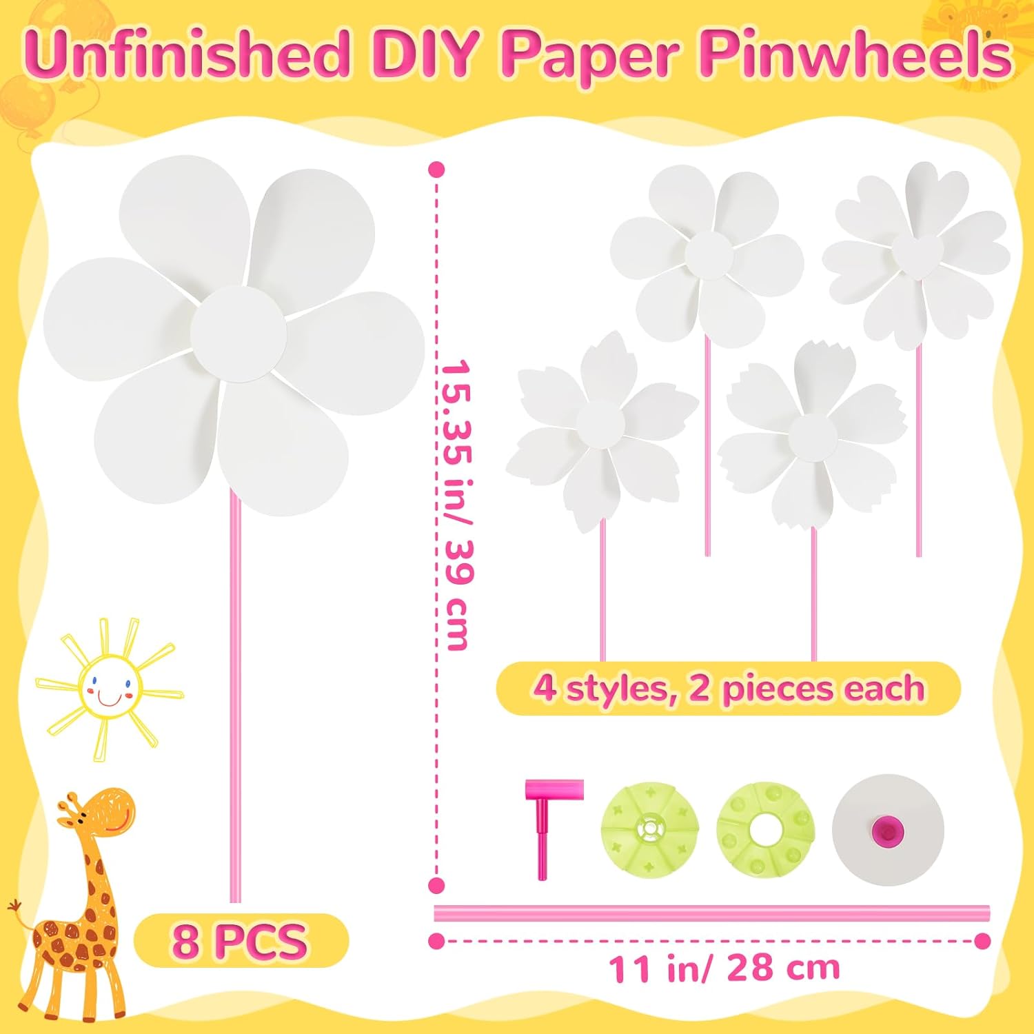 8 Pcs DIY Paper Pinwheels Bulk 8.6 Inch Color Your Own Pinwheel White Blank Paper Pinwheels Craft Kits Windsock Craft for Boys Girls Summer Activities School Group Daycare Home Project