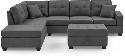 Miniatura 9 de UBGO Sala de estar tapizada, 3 piezas, piel sintética, convertible modular, reposapiés en forma de L, 2 almohadas, reclinable reversible, juego de