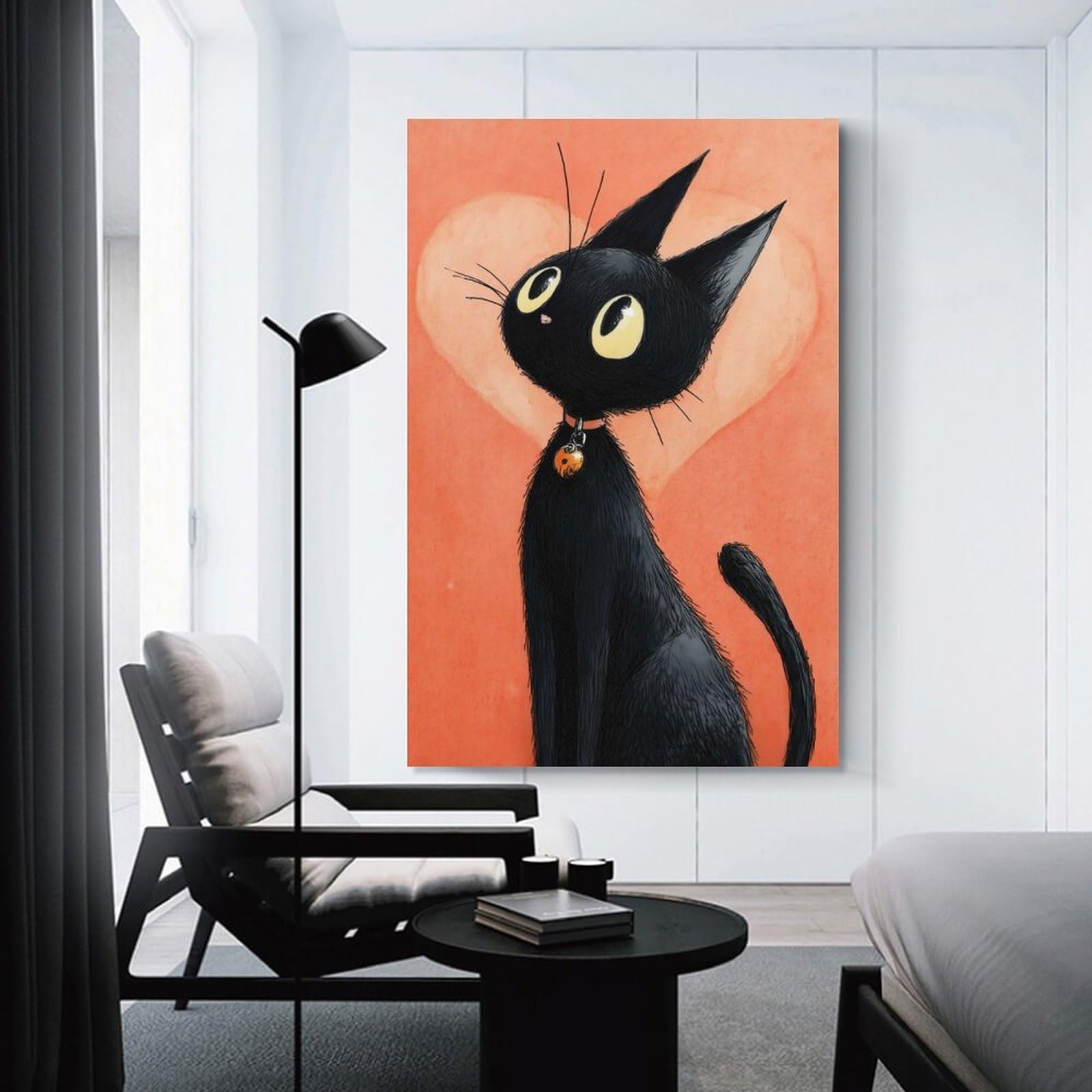Junmoney Cute Black Cat with Ladybug Collar Home Decor Wall Art, 16x24inch(40x60cm), for New Homes, Bedrooms Or Workspaces, Gift Idea for Housewarming And Birthdays