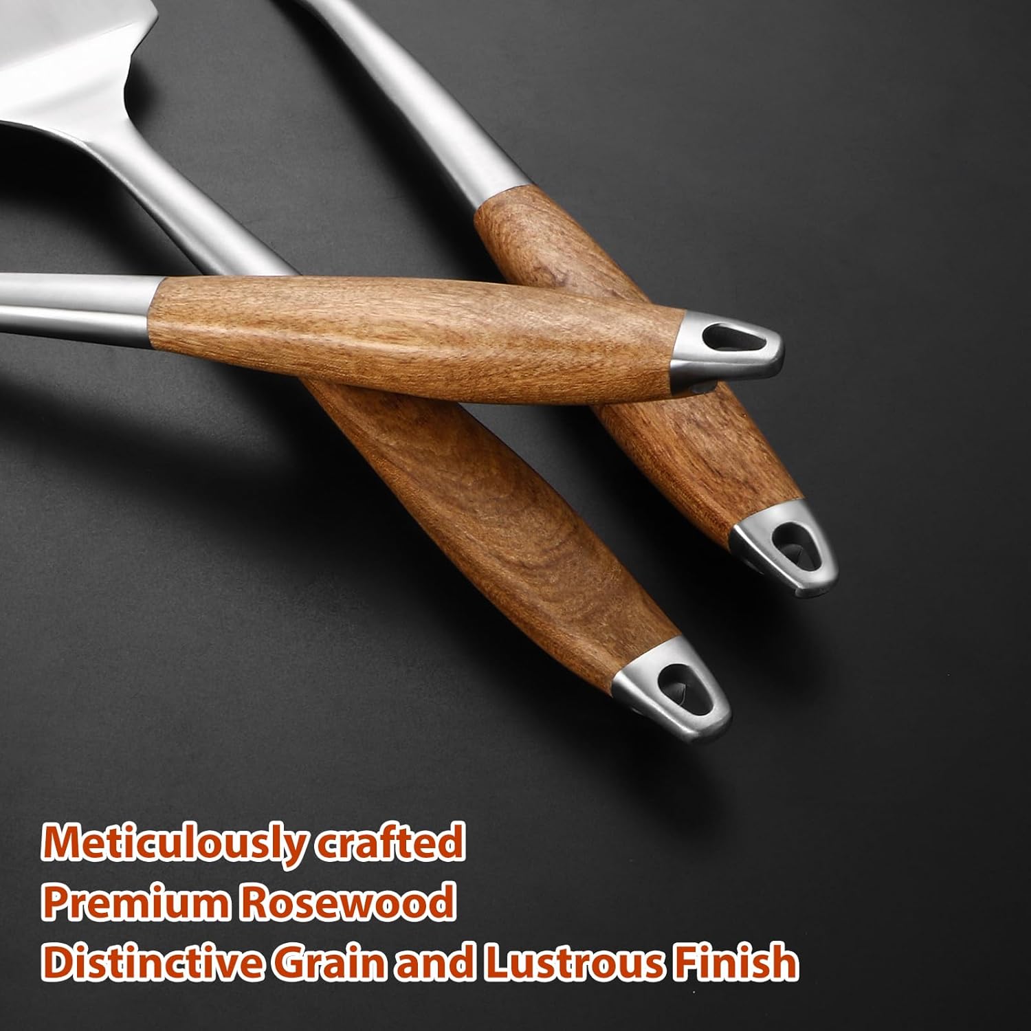 4 pcs Heavy-Duty Rose Wooden BBQ Grilling Tools Set, Extra Thick Stainless Steel Multi-Functional Spatula, Fork, Tong, Cleaning Brush - an Excellent Barbecue Gift for Men