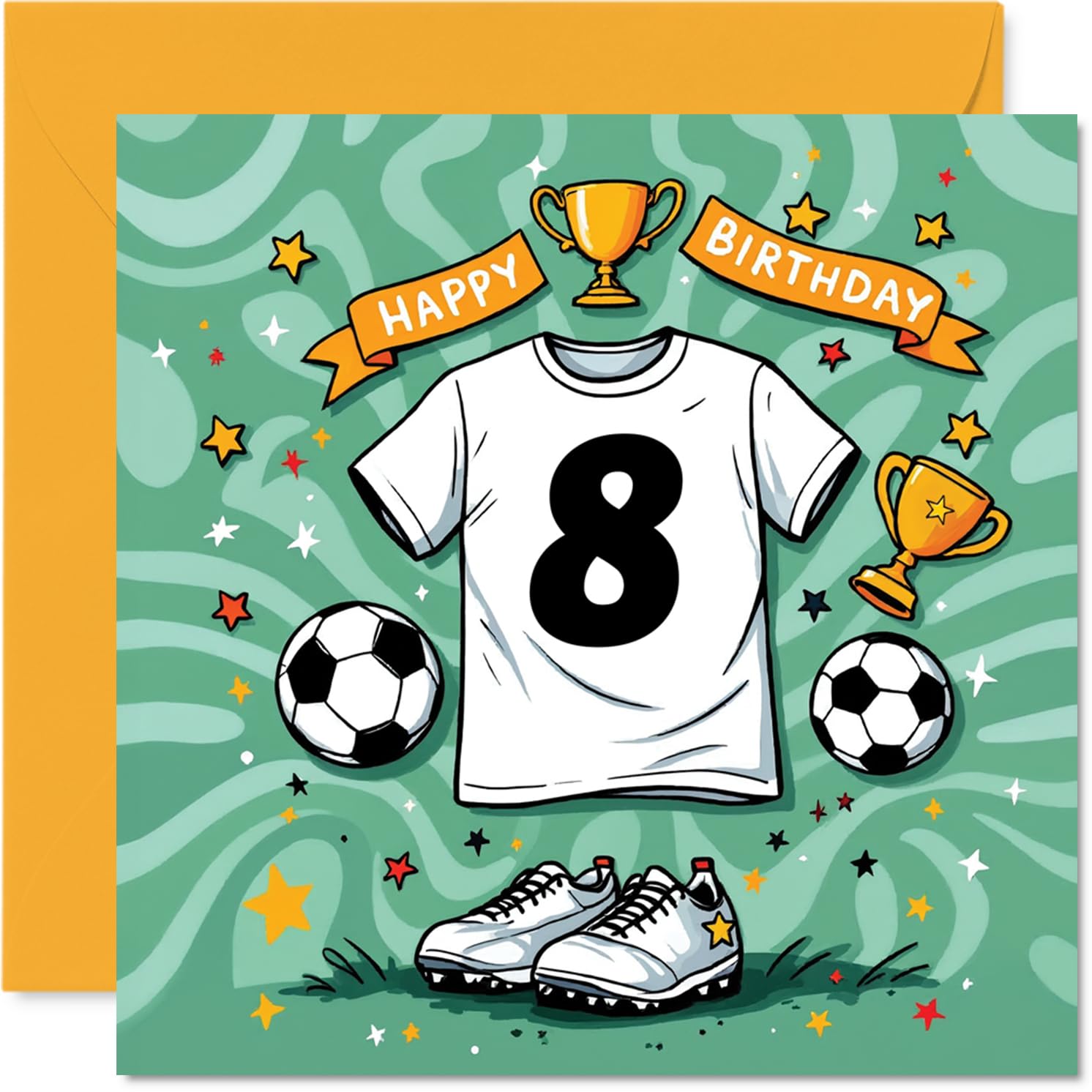 8th Birthday Cards for Girls Boys - Football Shirt - Happy Birthday Card for 8 Year Old Girl Boy Daughter Nephew Cousin Grandson, 145mm Bday Greeting Cards