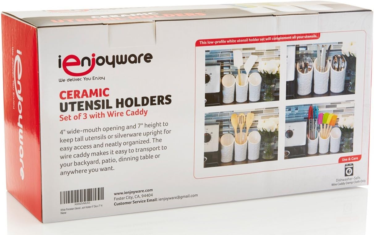 Kitchen Tool Crock (4 Pieces) - 3 Ceramic Utensil Holders (4" Dia x 7" H each) & 1 Metal Caddy - White & Embossed Design