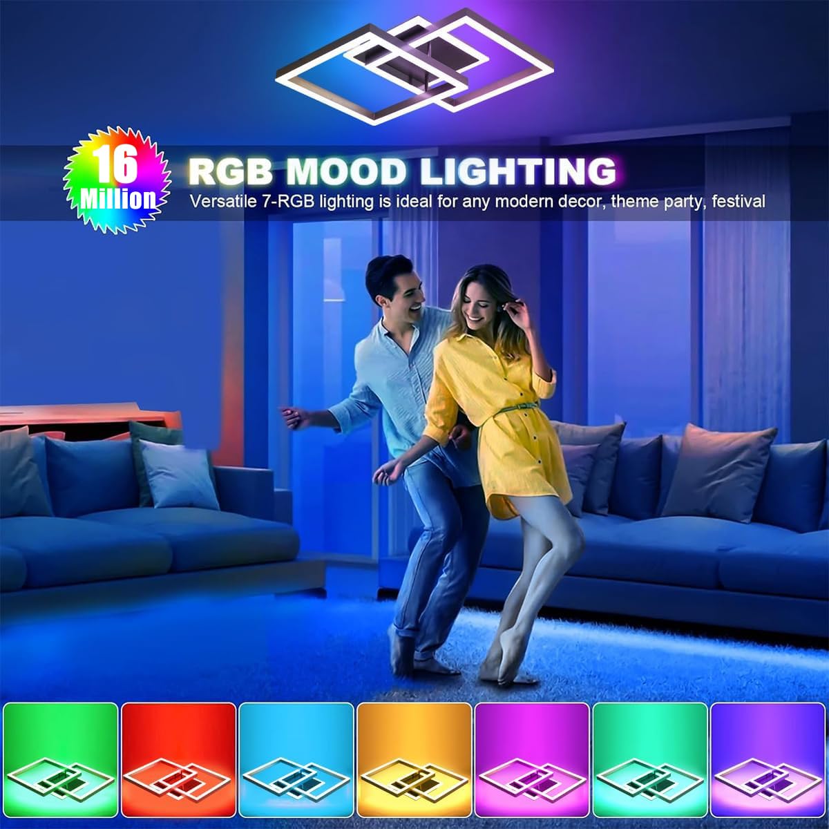 Luz de Techo LED Inteligente, 40W RGB Dimmable Lampara Techo con Mando a Distancia, App Control, Función de Memoria, Diseño Geométrico con Retroiluminación Plafon Techo para Dormitorio Cocina, Negro