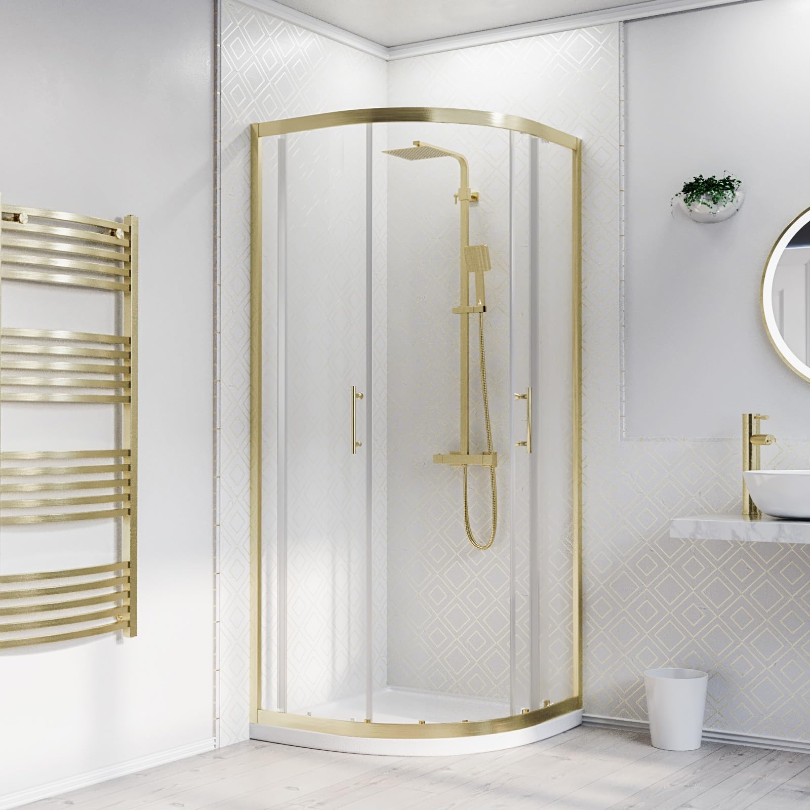 Nes Home Brushed Brass 900 X 900Mm Quadrant Shower Enclosure With Shower Tray