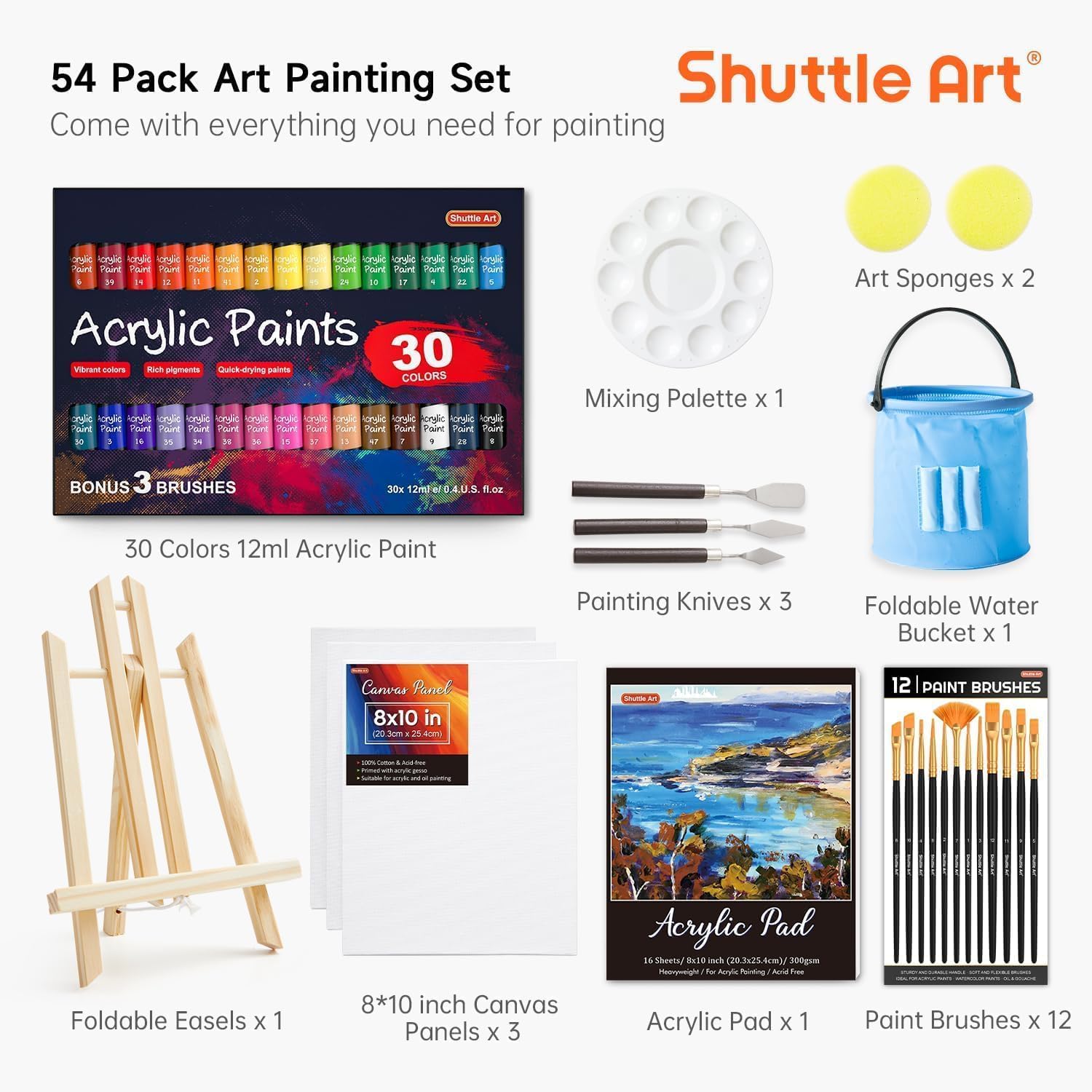 Shuttle Art 54 Pièces Kit Peinture Acrylique avec 30 Tubes Peinture Acrylique (12ml), Chevalet Peinture, Pinceaux, Toile, Kit Peinture Adultes sur Verre, Bois, Tissu