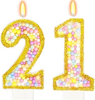 21st Birthday Candle for Cake, Colorful Macaron Numeral Candles for Women/Men, Birthday Party Cake Decorations, Golden Cake Topper for Birthday Party Supplies (Number 21)
