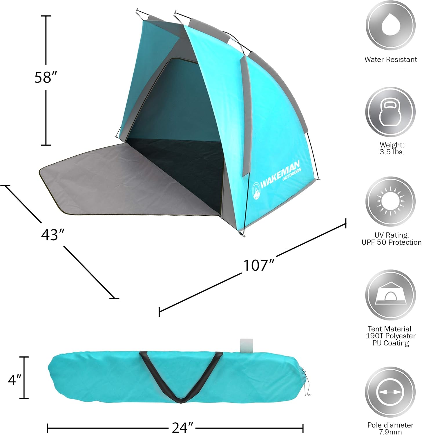 Beach Tent Sun Shelter - Sport Umbrella with UV Protection, Zip Up Porch for Privacy, and Carry Bag - Shade for Families by Wakeman Outdoors