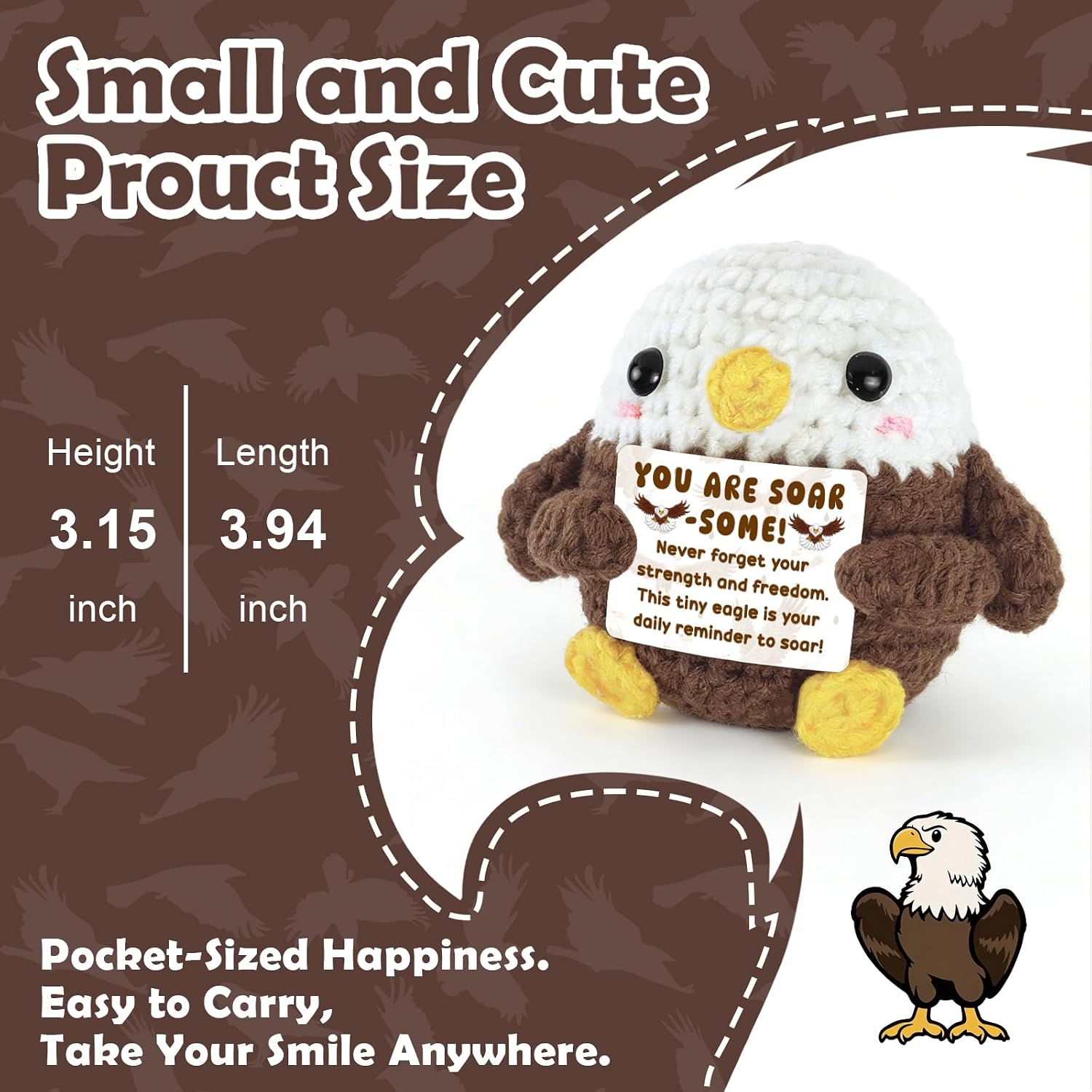 Positive Crochet Bald Eagle Emotional Support Plush with Gift Box - Funny Graduation Birthday Gifts for Women Men - Inspirational Encouragement Desk Decor Easter Basket Stuffer Teacher Appreciation