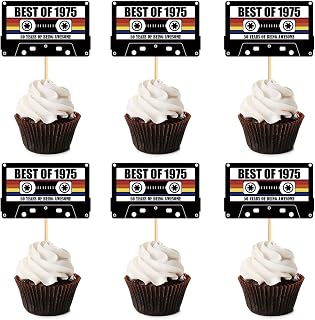 24PCS 50th Birthday Cupcake Toppers Years of Being Awesome Best 1975 Picks Vintage Party Decorations Cassette Tape Supplies black