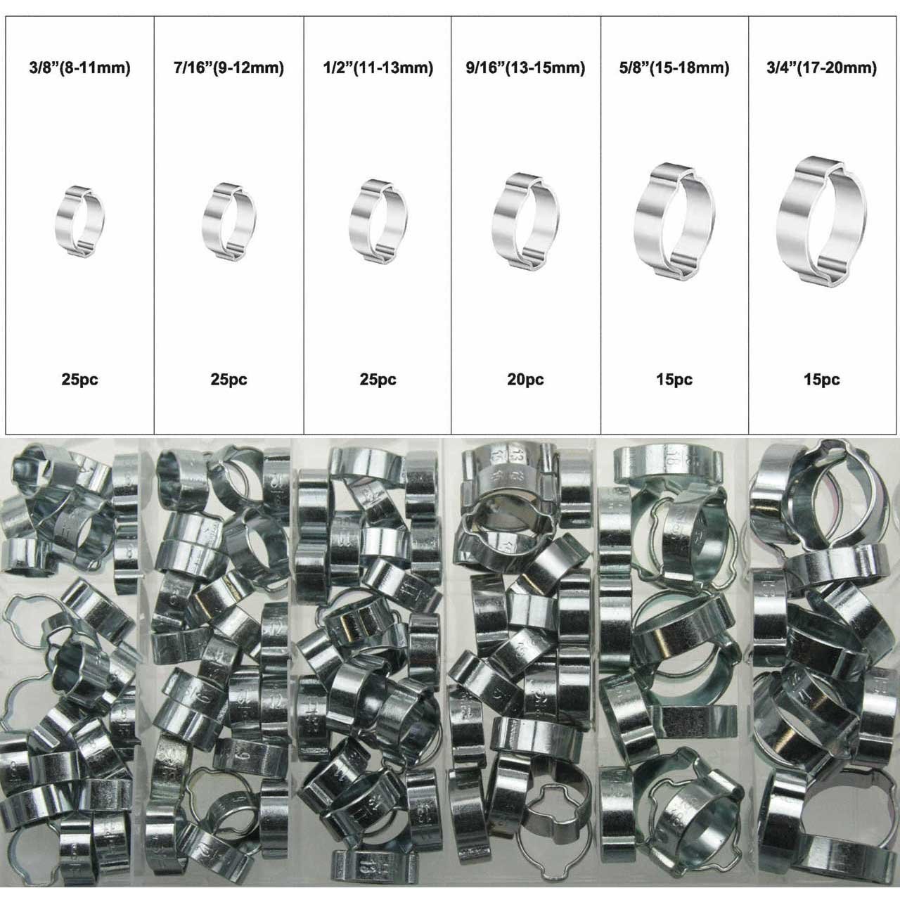 Alkan 2-Ohr Schlauchschellen Sortiment 125-tlg 8-20 mm | 2-Ohr-Klemmen/Zweiohrschellen für Schläuche und Leitungen, Spannbereich 8-20 mm, sortiert in Aufbewahrungsbox