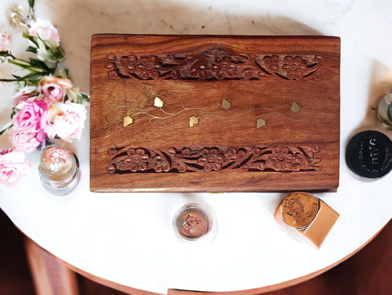 Handicrafts Handmade Wooden Jewellery Box for Women Wood Jewel Organizer Hand Carved with Intricate Carvings Gift Items - 6 inches