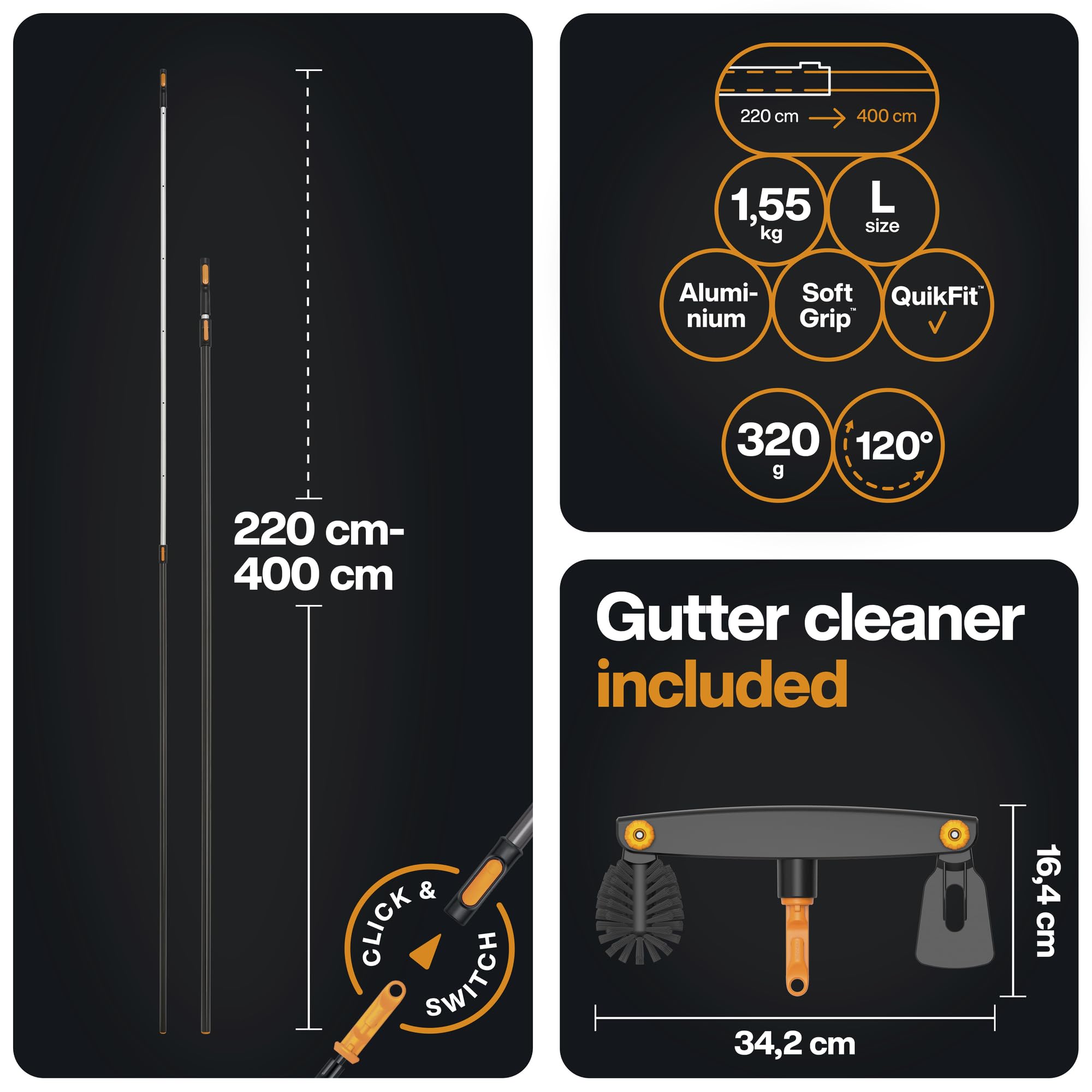 Fiskars OneClick Nettoyeur de Gouttières et Manche Télescopique L, 1080718