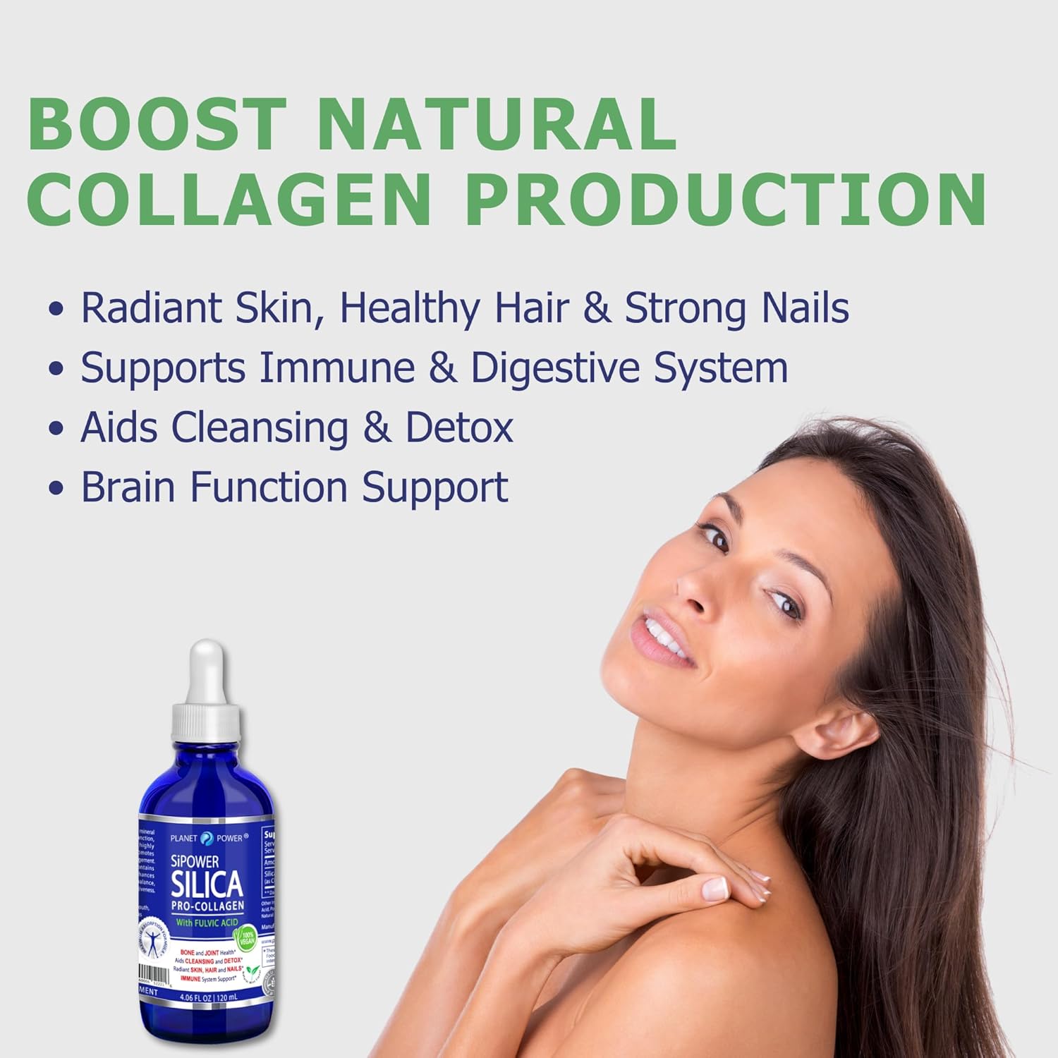 SiPower Silica Vegan Collagen, Supplement Drops-Liquid Mineral Orthosilicic Acid (CH-OSA) + Fulvic Acid. Natural Collagen Booster for Joints, Bones, Hair, Skin, Nails, Immune & Digestive Health-4oz