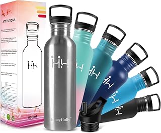HoneyHolly Single Wall Stainless Steel Water Bottle - Metal Water Bottle, 500ML, Non Insulated Sports Bottle with Straw & Filter, BPA Free Reusable Drinks Bottle for School, Camping, Kids - 2 Lids